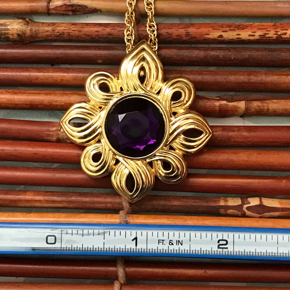 Kennth Jay Lane Gold Tone Chain with Brooch/Pin Pendant Purple Stone 30” - Picture 10 of 12